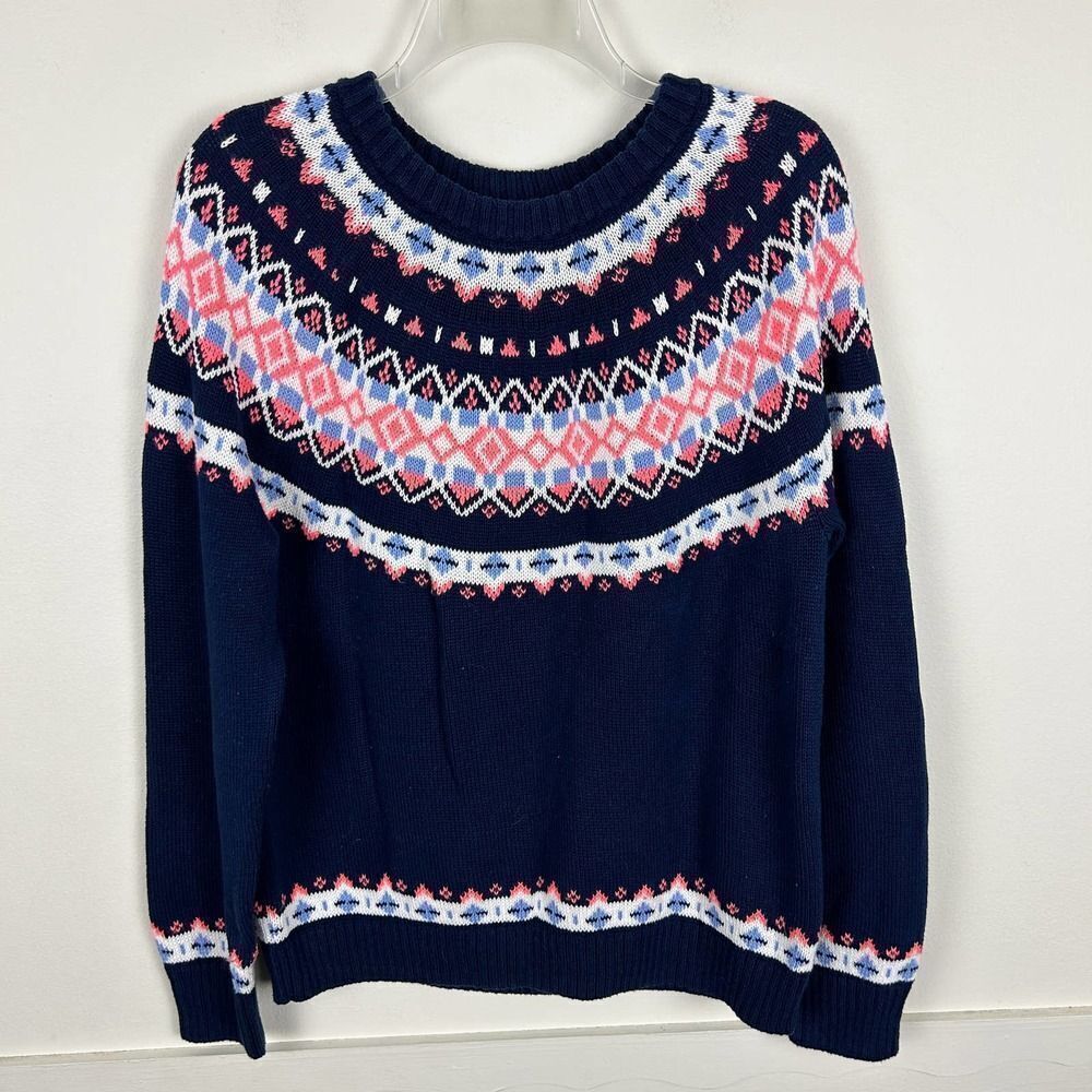 J. Crew Blue Pink Fair Isle Long Sleeve Wool Blend Sweater L